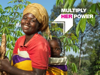 Image of a youth empowerment participant in Rwanda with "Multiply Her Power" graphic overlay