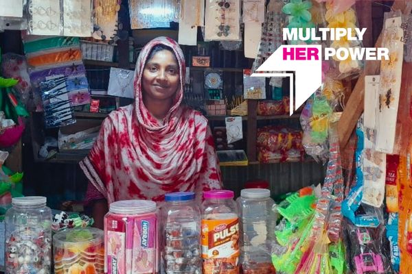 Image of an Ultra-Poor Graduation participant in Bangladesh with "Multiply Her Power" graphic overlay