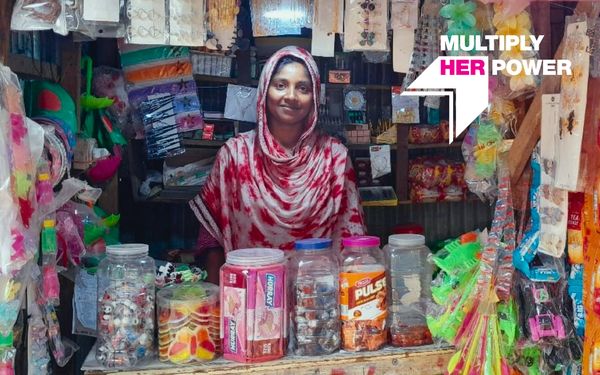 Image of an Ultra-Poor Graduation participant in Bangladesh with "Multiply Her Power" graphic overlay