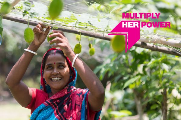 Image of an Ultra-Poor Graduation participant in Bangladesh with "Multiply Her Power" graphic overlay