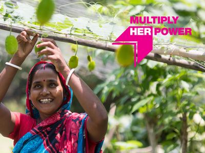 Image of an Ultra-Poor Graduation participant in Bangladesh with "Multiply Her Power" graphic overlay