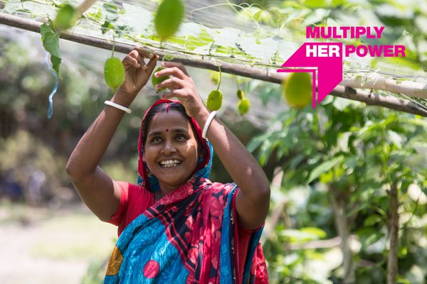 Image of an Ultra-Poor Graduation participant in Bangladesh with "Multiply Her Power" graphic overlay