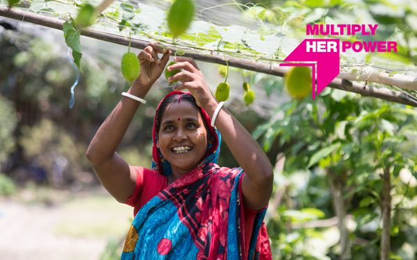 Image of an Ultra-Poor Graduation participant in Bangladesh with "Multiply Her Power" graphic overlay