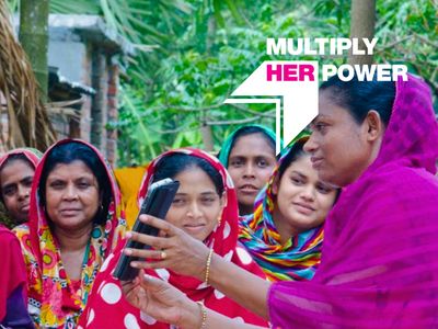 Image of a microfinance borrower group in Bangladesh with "Multiply Her Power" graphic overlay