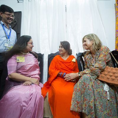 Queen of the Netherlands Máxima in conversation with Jhorna Islam, a participant of BRAC Microfinance in Duttapara, Tongi.