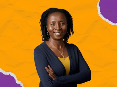 Designed image featuring BI Regional Director Anne Mutta on a purple and yellow background