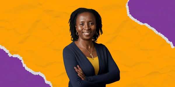 Designed image featuring BI Regional Director Anne Mutta on a purple and yellow background