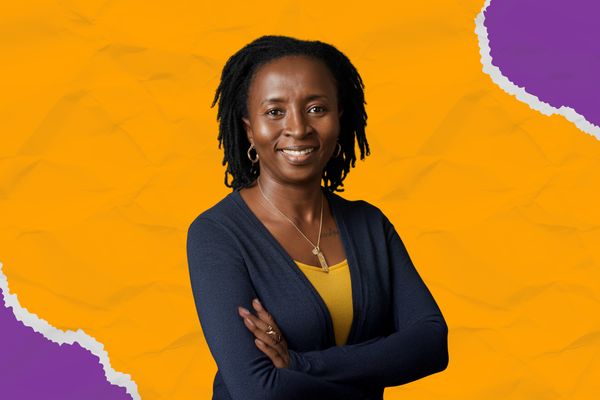 Designed image featuring BI Regional Director Anne Mutta on a purple and yellow background