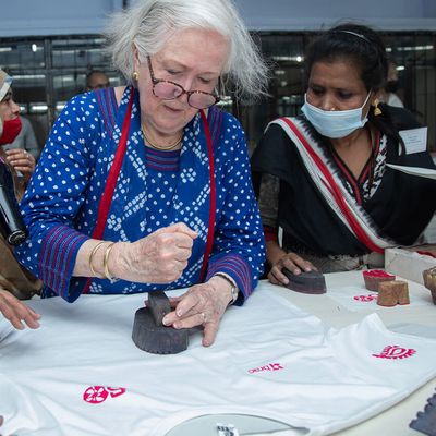 As part of the ‘One BRAC’ field trip, BRAC Global Board Chair Dr Martha Chen learns block printing from artisans at the Ayesha Abed Foundation in Manikganj on 22 March 2022.