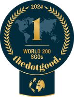 TheDotGood badge, comprising a loral ring, a world map with a number 1 over it, and the words "world 200 SGOs"
