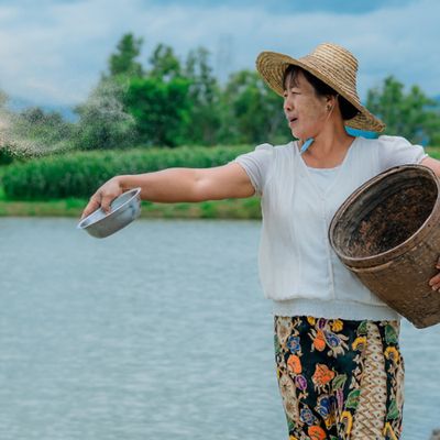 A woman in South Asia holds a basket while water is shown in the background