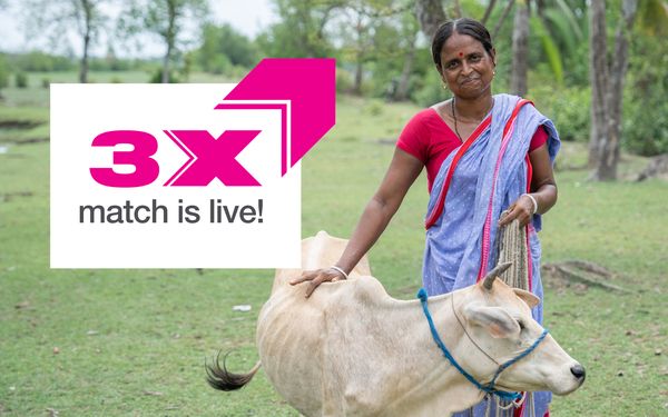 Graduation participant in Bangladesh with Multiply Her Power campaign graphic overlay reading "3x match is live!"