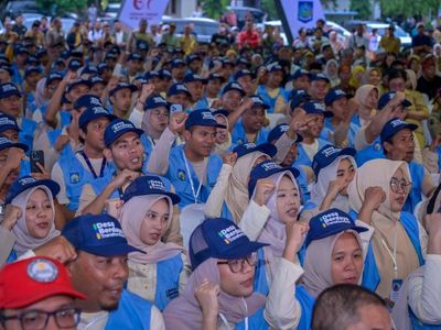 Newly recruited coaches celebrate the launch of the government’s Graduation program in West Nusa Tenggara province on December 16, 2025
