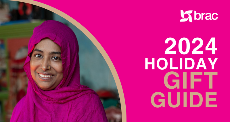 A magenta designed graphic that reads "BRAC 2024 HOLIDAY GIFT GUIDE" alongside a portrait of a woman in BRAC's Ultra-Poor Graduation program in Bangladesh.