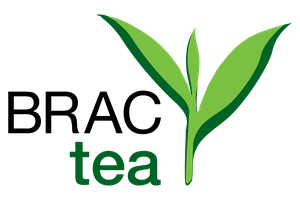 BRAC tea logo in black and green letters with a green leaf on the right side