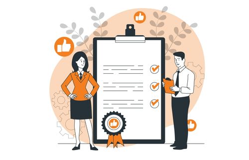 A cartoon shows a woman talking with a man holding a clipboard and checking off tasks