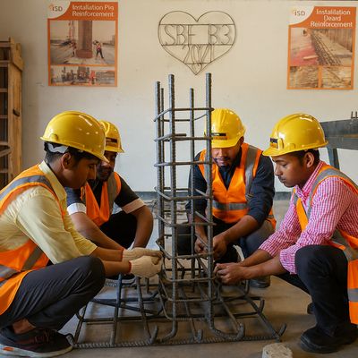Four men crouch in around a steel rebar model as they learn to reinforce structures ahead of safe migration