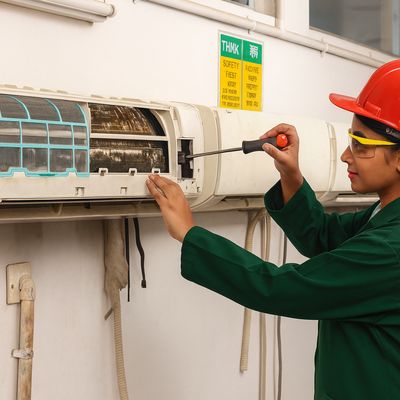 A Bangladeshi woman wearing a green jacket and red hard hat works on a wall unit as she improves her skills for migration