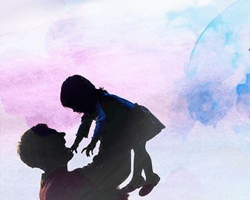 A man holds his daughter in the air with blue and pink sepia tones behind