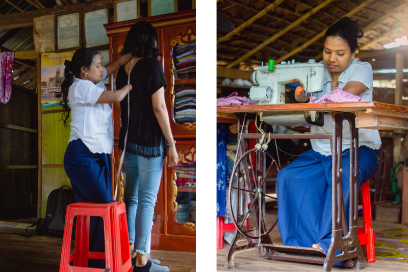 Left: Zin kneels on a stool while measuring a client to make custom clothes for her. Right: Zin sits at her machine and sews.