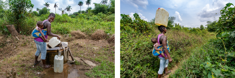 Two images are collaged. Left: Patience gathers water from a small spring. Right: Patience carries a water jug on her head as she returns to the fields with baby Bendu strapped on her back.