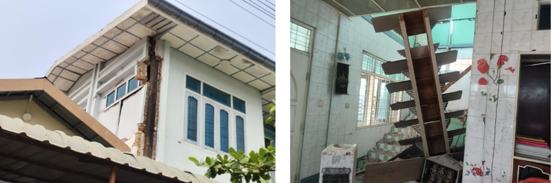 An image showing two photos from the Myanmar earthquake. At left: A BRAC office in Myanmar is damaged in the aftermath of a severe 7.7 magnitude earthquake. You can see a white building damaged on the corner. At right: The interior of a BRAC office in Myanmar is damaged in the aftermath of a severe 7.7 magnitude earthquake. You can see stairs leaning and rubble on the ground.