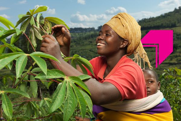 Multiply her power homepage header with photo of Angelique in Rwanda with her son