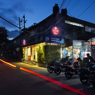 A Bhumijo bathroom point is shown at night with welcoming outside lights