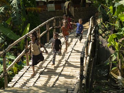 Photo 1_Rohingya children on a bamboo bridge built by Shelter Sector at Camp 17 Block A in Cox_s Bazar