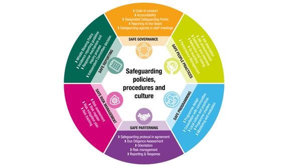 A colorful wheel is shown with six principles highlighted. These include Safe governance, safe people practices, safe programming, safe partnering, safe risk management, and safe reporting
