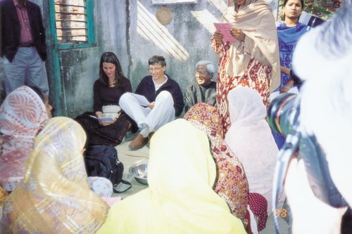 BRAC Founder Sir Fazle Hasan Abed visits a women's group in Bangladesh with Bill and Melinda Gates.