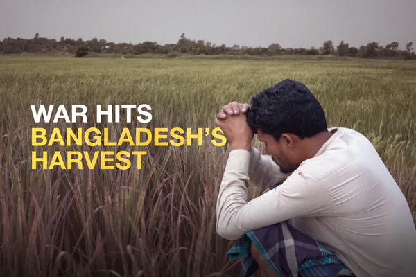 A farmer in Bangladesh sits in his field with his head in his hands. Caption on photo reads, "War hits Bangladesh harvest."