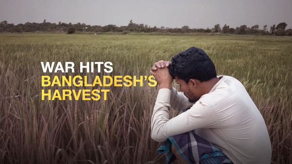 A farmer in Bangladesh sits in his field with his head in his hands. Caption on photo reads, "War hits Bangladesh harvest."