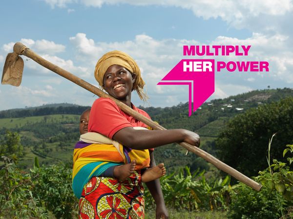 BRAC Rwanda, Angelique and her son in her fields. Angelique is part of the AIM program. On top of the image is a logo that says Multiply Her Power