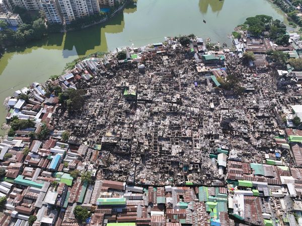 An image showing the extent of damage caused by the fire in Korail Slum, Dhaka, Bangladesh