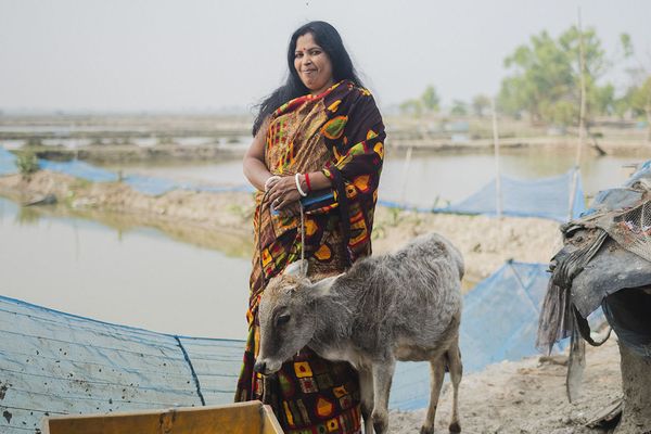 A woman in a colorful sari stands beside a brown cow in a rural setting, smiling gently at the camera.