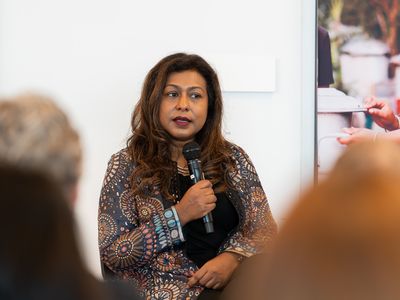Tamara Hasan Abed, managing director for BRAC enterprises, speaks with Rena Greifinger of the Maverick Collective at a BRAC "Meeting the Moment" event in Santa Clara, California.