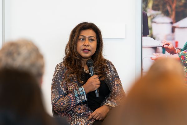 Tamara Hasan Abed, managing director for BRAC enterprises, speaks with Rena Greifinger of the Maverick Collective at a BRAC "Meeting the Moment" event in Santa Clara, California.