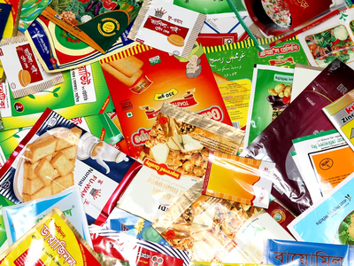 Various colorful plastic packaging packets are shown